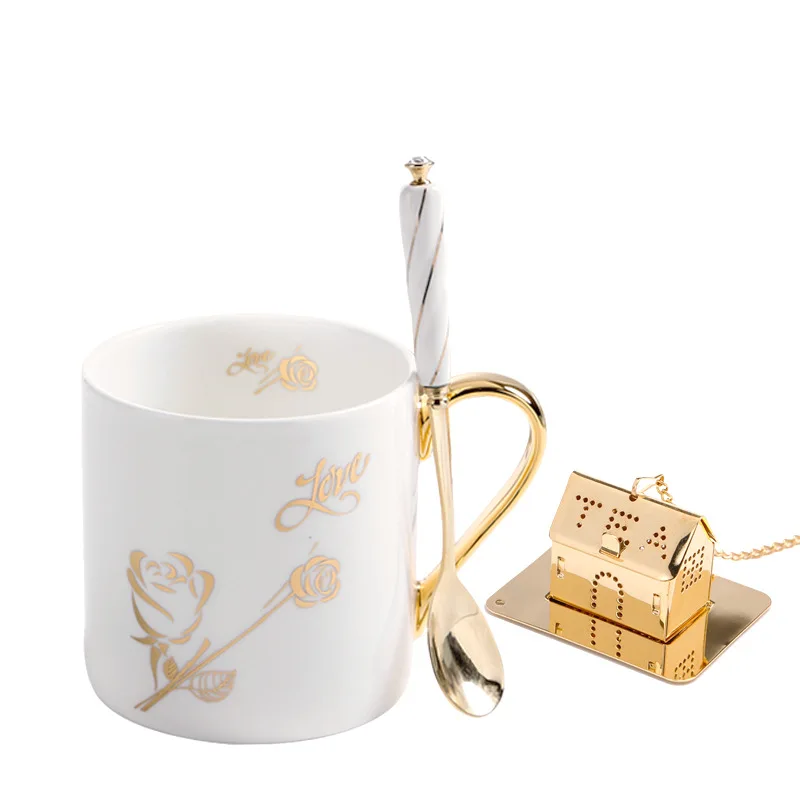 

Creative European High-end Bone China Coffee Cup Office Couple Ceramic Simple Mug Gift Box Set, Gold