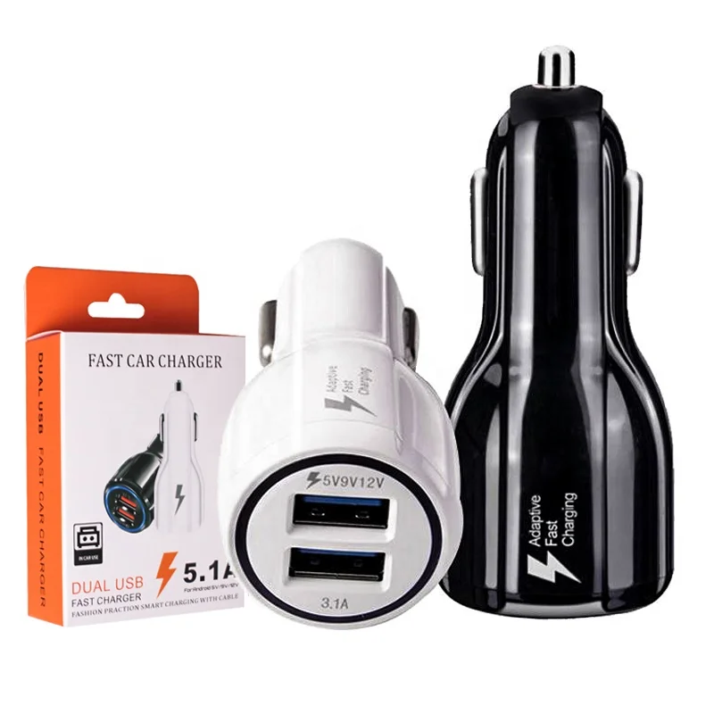 

Hot Sale qc3.0 dual USB LED fast car charger 5V 9V 12V with retail package for samsung s7 s8 plus note 8, Black/white