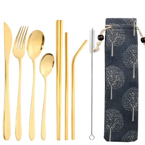 Image of Set of 8, Environmentally friendly electroplated color 304 stainless steel cutlery and straw set 8. Gifts and travel set