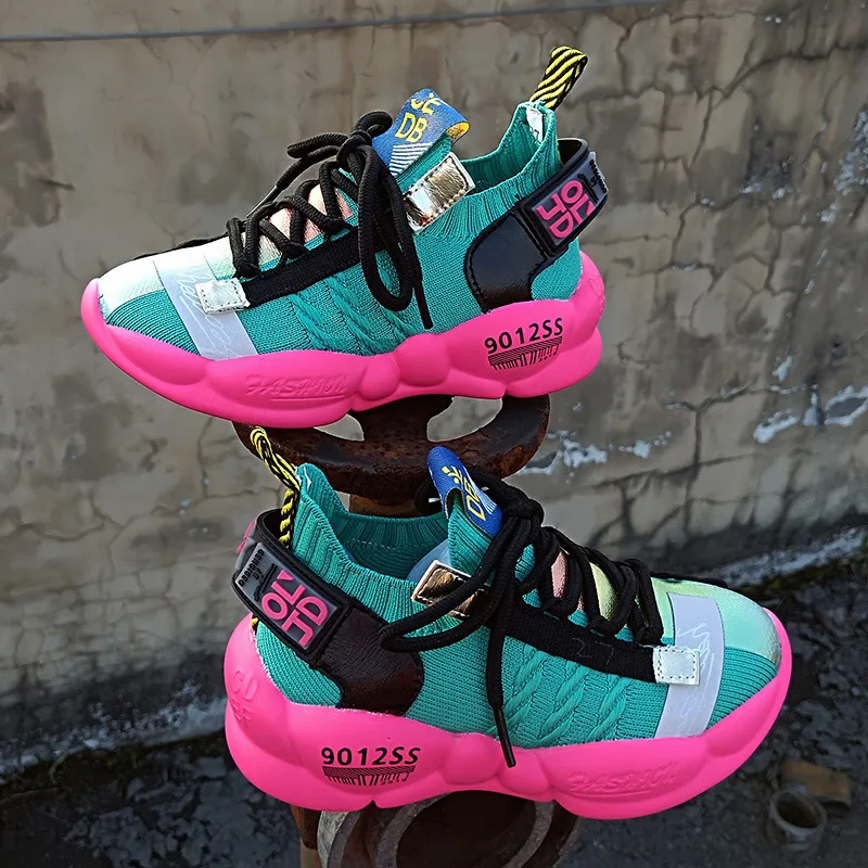 

2019 autumn new girls and boys flying weave sports shoes soft bottom breathable running shoes children socks shoes, Yellow/ green