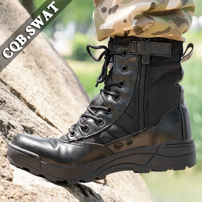 

Cheap PU Leather Rubber Sole Army Desert Military Swat Combat Training Tactical Military Boots for Sale with Zipper Big Siz, Black/desert
