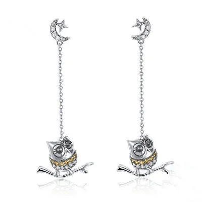 

Dainty European Style 925 Sterling Silver Owl Drop Stud Earrings Animal Long Chain Earrings for Women