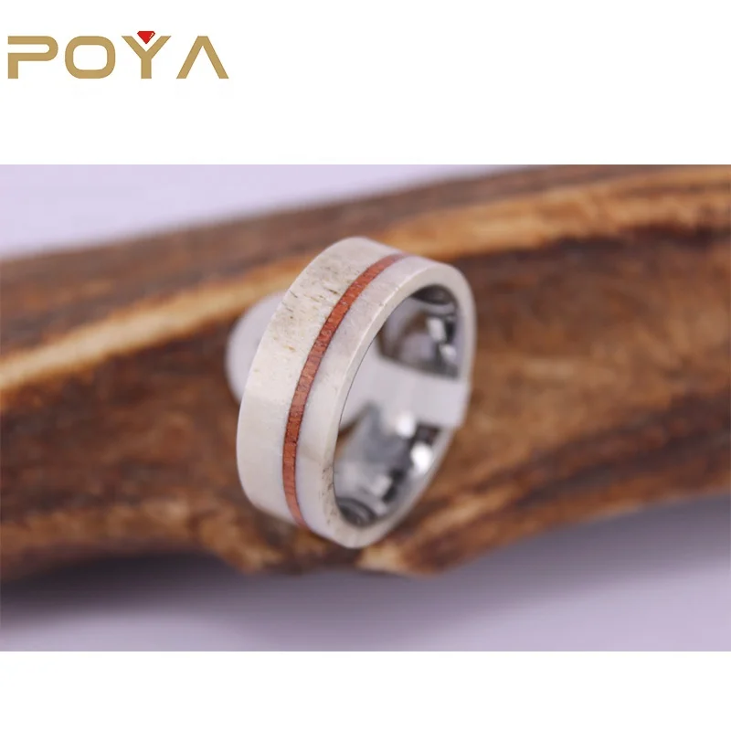 

POYA Jewelry 8mm Flat Top Inlaid with Wood Deer Antlers In The Middle and Inlaid On Both Sides Tungsten Ring