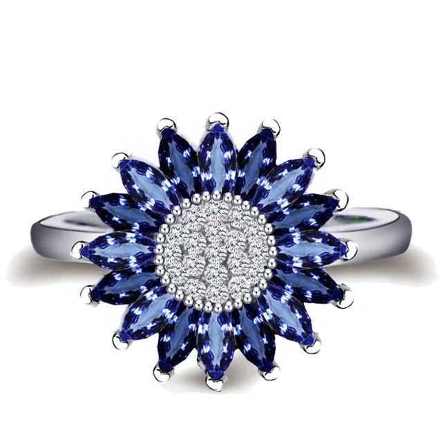 

New arrival silver plated ring for women daisy flower wedding ring chrysanthemum engagement jewelry marquise full blue stone