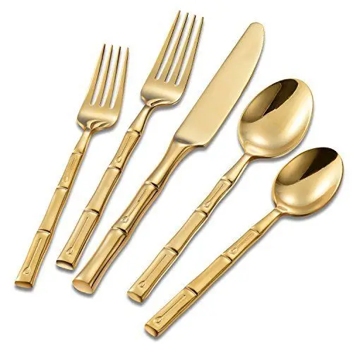 

Bulk inox 304 stainless steel golden cutlery set, 5 piece copper plated bamboo handle flatware silverware