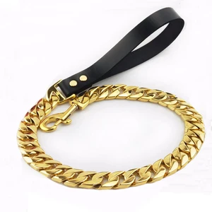 Image of Custom Print Logo 32mm Width Stainless Steel Big Dog 18k Gold Plated Dog Trainling Leash With Leather Handle