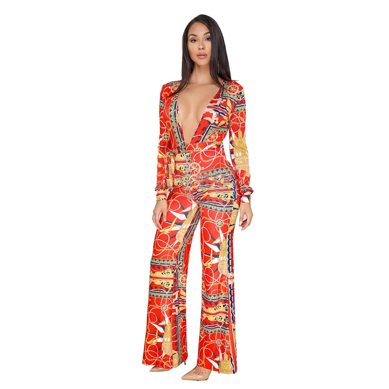 

High Quality Sexy Deep V Neck Long Sleeve Women Fall Wide Leg Jumpsuit