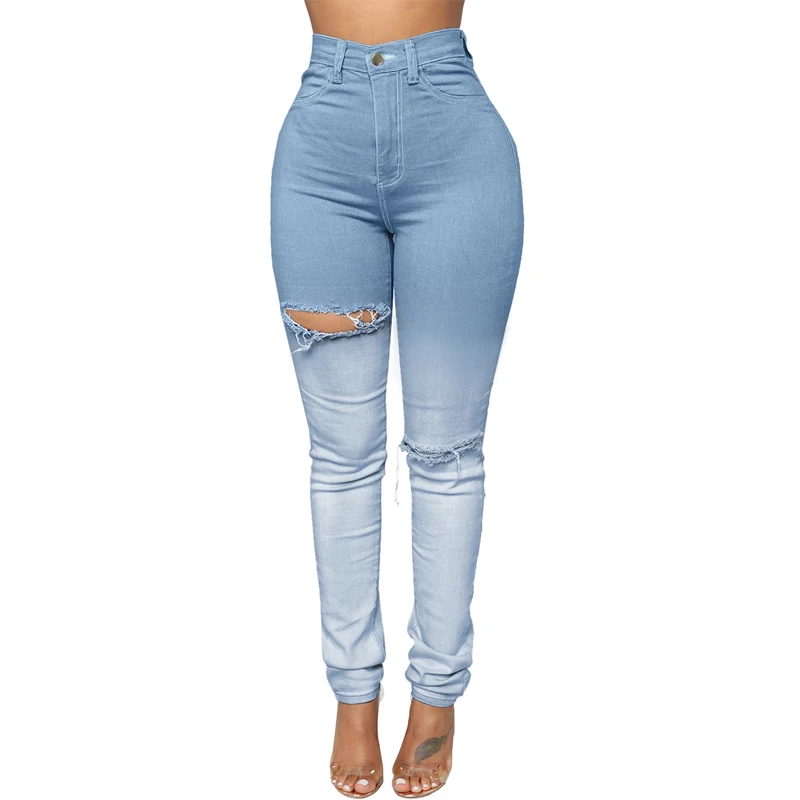 

Light Blue High Waist Destroyed Jeans For Women