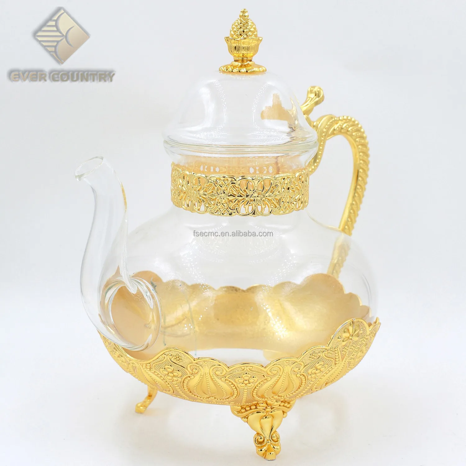 

Tulip Desgin Turkish Gold Plated Metal Drinkware Glass Tea Cups Pot Set, Gold and silver