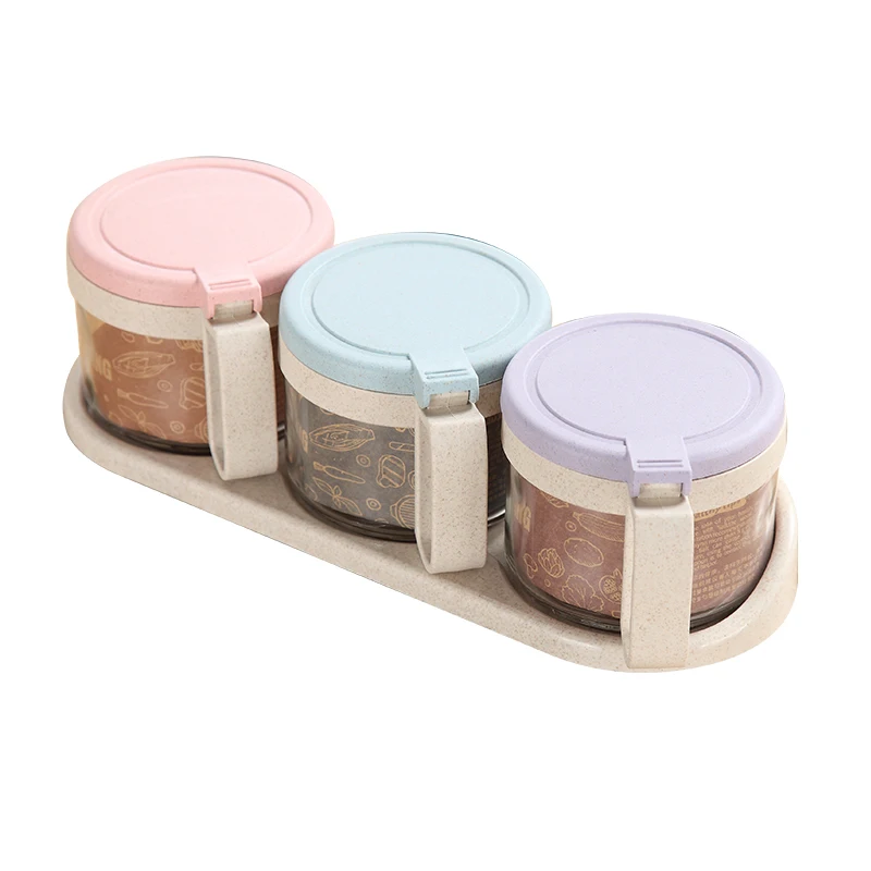 

ECO-friendly 300ml*3 flavoring container condiment jar seasoning box set with spoon, Pink,blue,purple,green,mixed colours per set