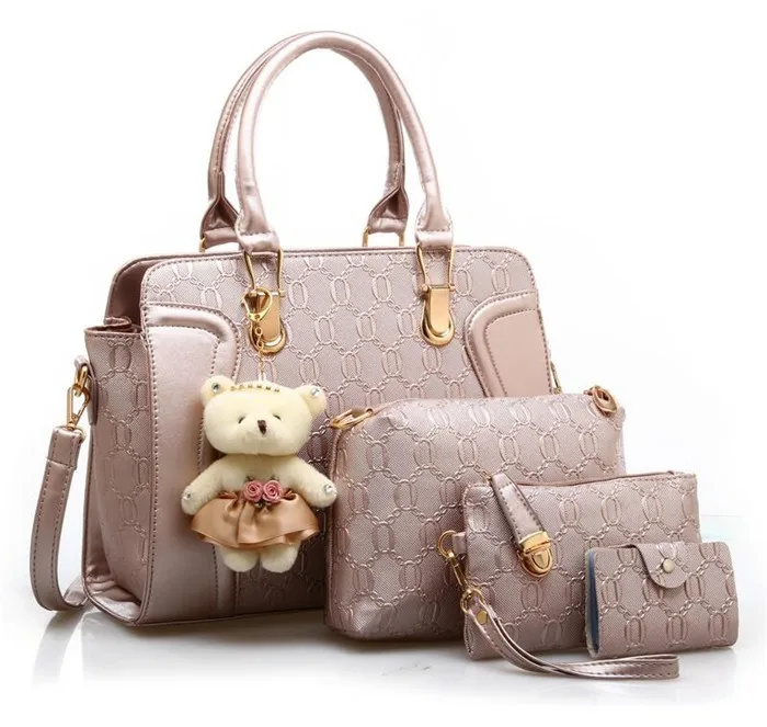 

2019 Hot sale wholesale fashion pu leather 4pcs in 1 set bags ladies handbag with free teddy bear, Champagne, rose,wine red, yellow,blue, black customized color