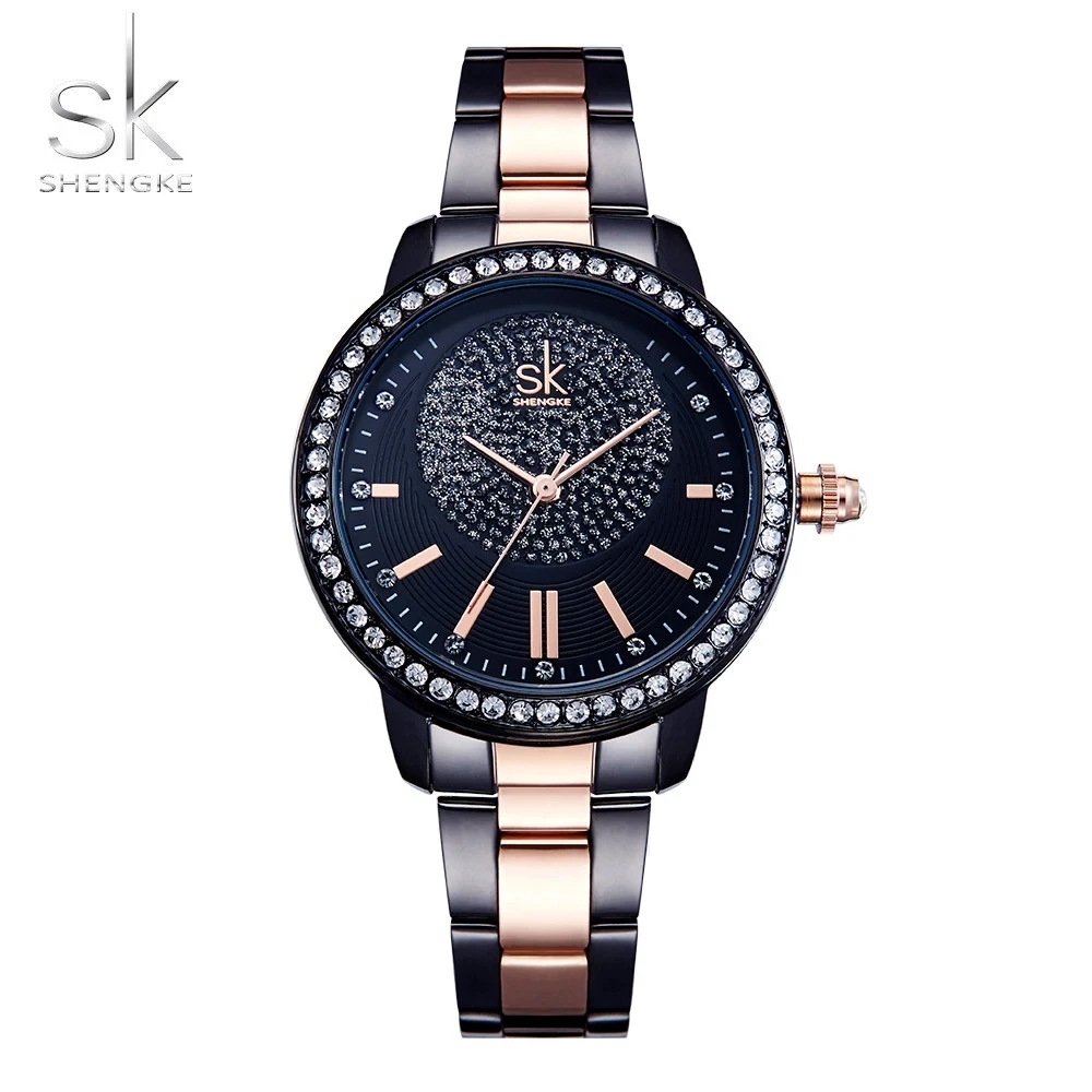 Shengke 0075 SK Fashion Brand Ladies Quartz Women Watch Casual Rhinestone Bracelet Rose Gold Crystal Dress Women Watches