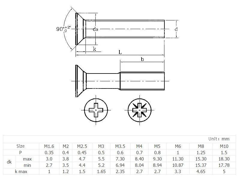 
Phillips cross recessed Countersunk head Machine screw M6 M8 M10 mm standard and customized length 