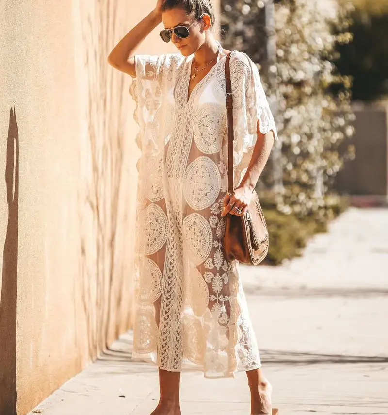 

Luxury Long Sea Beach Wrap Dress Elegant Bathing Suit Cover Up White Lace Tunic Beach Sarong Plage Robe Kaftan Women Tunika, Flower