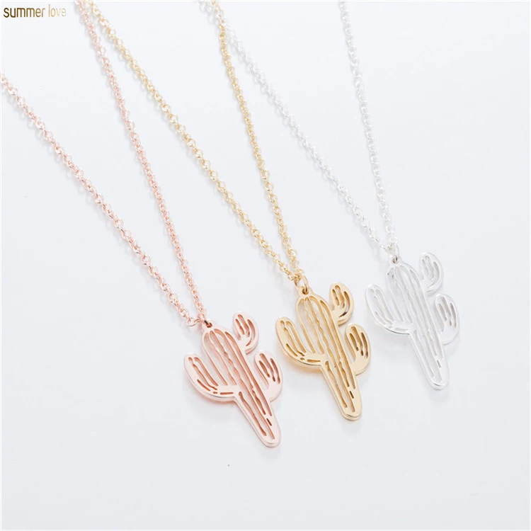 

New Fashion Simple Gold Silver Stainless Steel Cactus Natural Plant Pendant Long Chain Choker Necklace With Card Jewelry Holiday