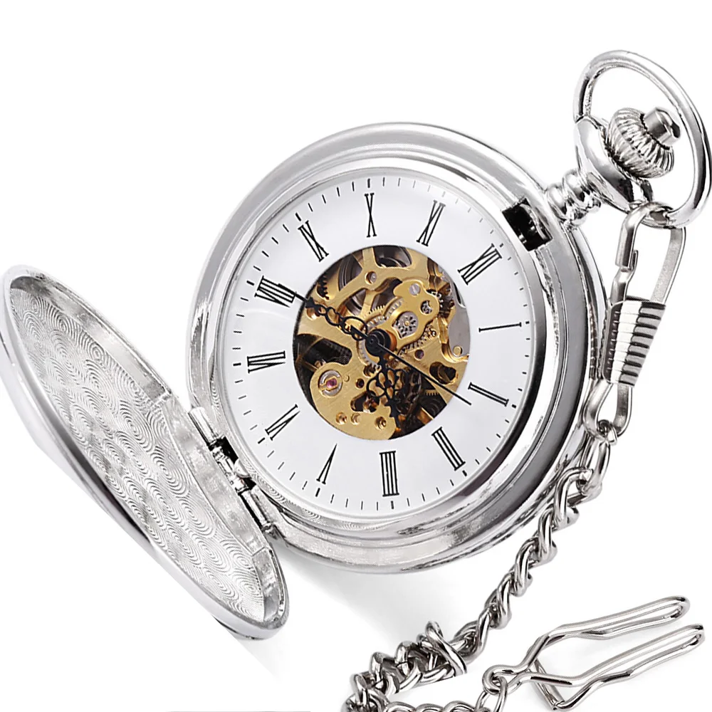 

2019 custom twin opening fine polishing men watches roman numerals high quality silver mechanical pocket watch