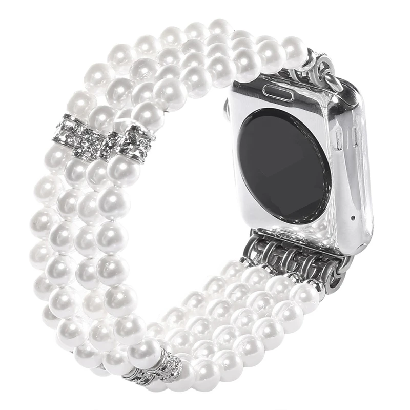 

White Pearl Diamond Replacement Wrist Beaded Watch Band For Apple Watch Series 3/4/5/6, White/black/pink/red