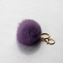 Gold Plated Keychain Charm Genuine Rabbit Fur Ball Pom Pom Keychain for Car Key Ring Handbag