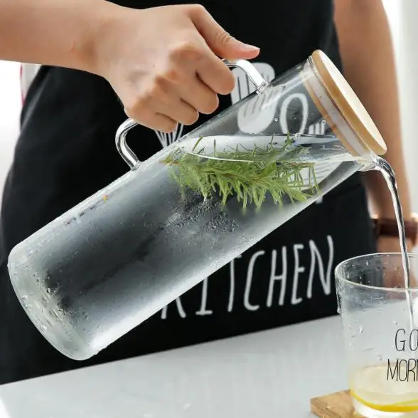 

1.3L glass carafe bottle jug with bamboo lid stopper, Clear transparent
