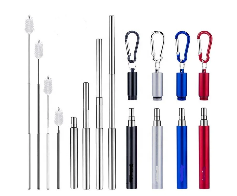 

Hot Sale Reusable Metal Drinking Folding Straw Collapsible Straw with Carabiner