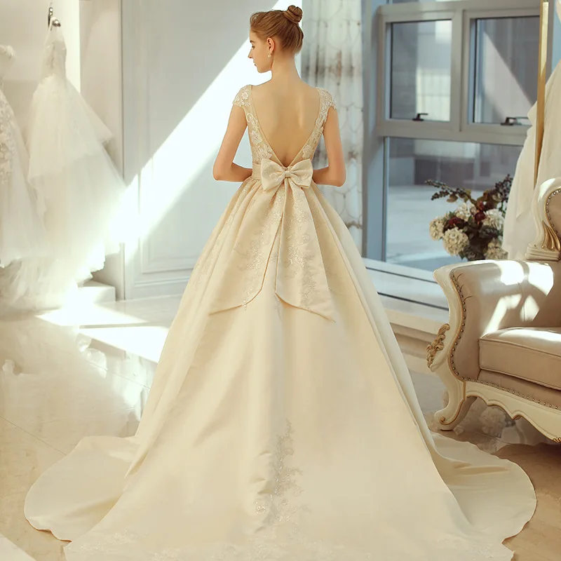 

Free Shipping Korean fashion Big Bowknot Lace Joint Backless Wedding Dress - one shoulder wedding dress bridal gowns, Optional wedding gown