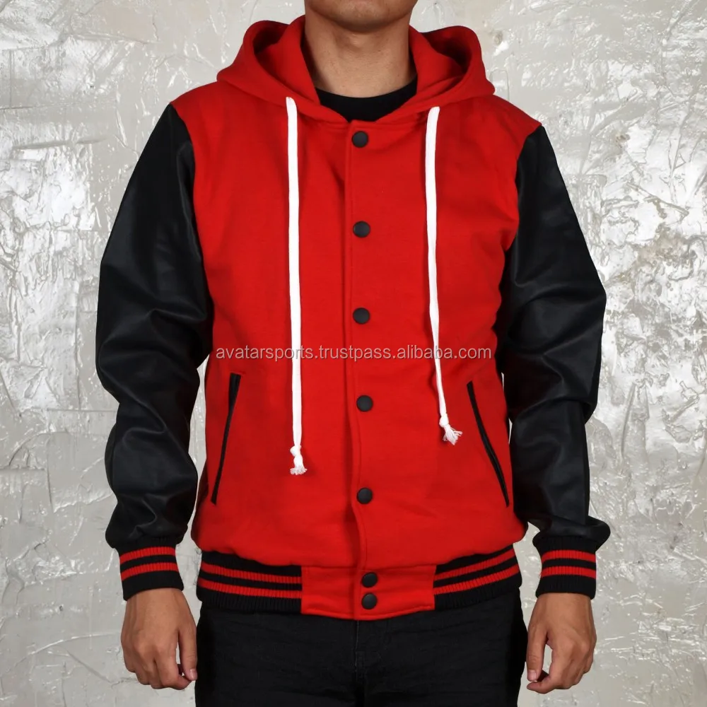 black jacket with red hoodie