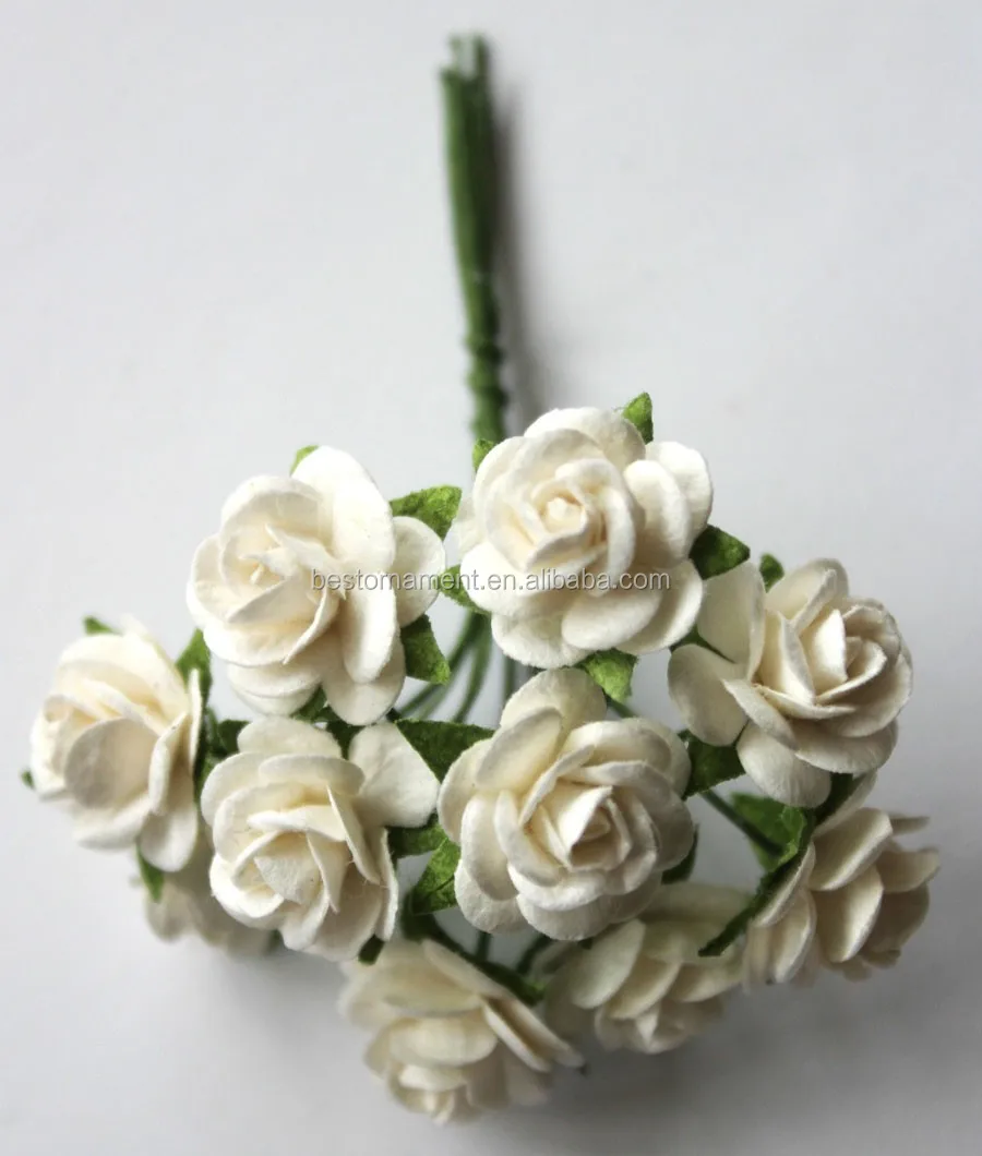 15mm Mulberry Paper Rose Flowers With Wire Stems For Card Making Craft