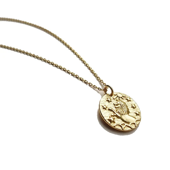 

New Arrival Embossed Astrology Zodiac Sign Cion Disc Necklace Gold Plated 925 Sterling Silver Necklace Jewelry For Women, Gold/custom