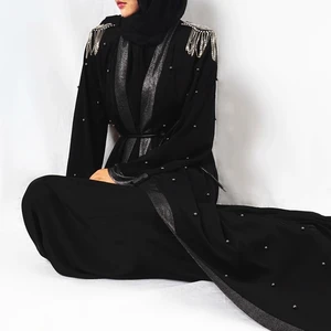 New luxury fashion hand-maded pearl beading design black abaya muslim kimono