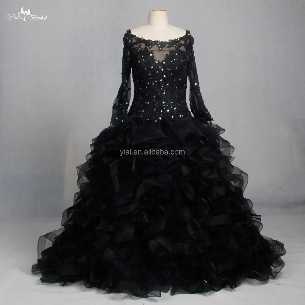 

LZF004 Glamorous Black Organza Dress Glitter Sequin Long Sleeve Fluffy Evening Dress, Custom color