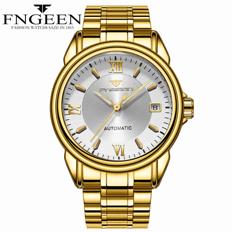 

FNGEEN 6602 Luxury Full Automatic Mechanical Skeleton Watch British Style Rome Scale Men's Glod Watch Luminous, As the picture