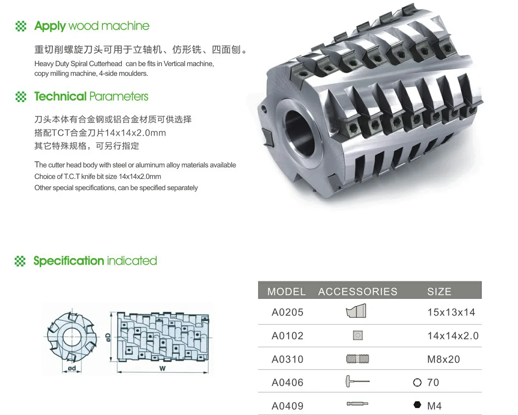 Custom Made insert knives helical spiral cutter head for wholesales