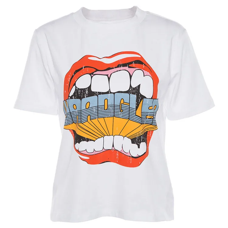 Wholesale Hot Selling Big-mouth Cartoon Printed O-neck Women T-shirt
