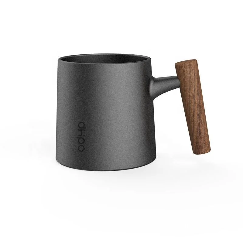 

Food safety matte black cup ceramic with bamboo handle for coffee