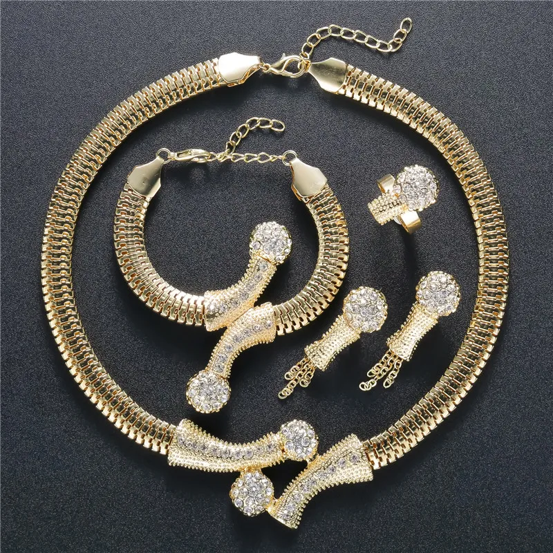 

Elegant Fashion 2019 African Beads Jewelry Sets for Women Gold Color Wedding Necklace Earrings Bracelet Ring Jewellery, Picture
