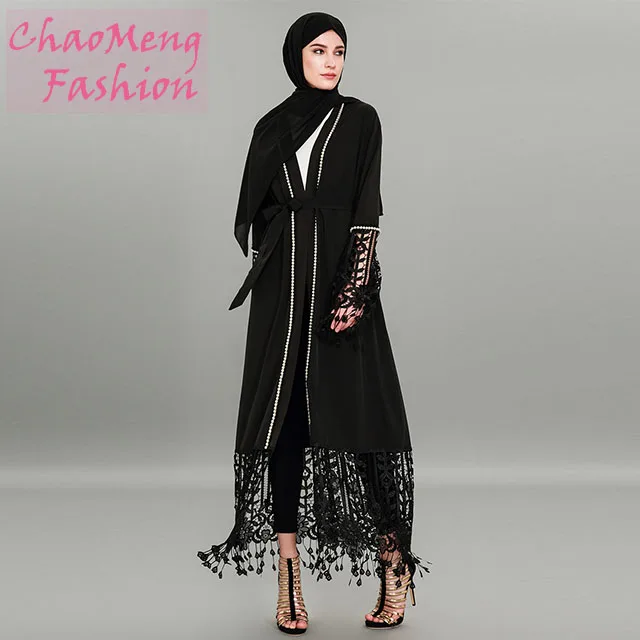 

1587# long lace and tassel sleeve with peals latest fashion design in dubai islamic clothing manufacturers turkey wholesale, Black