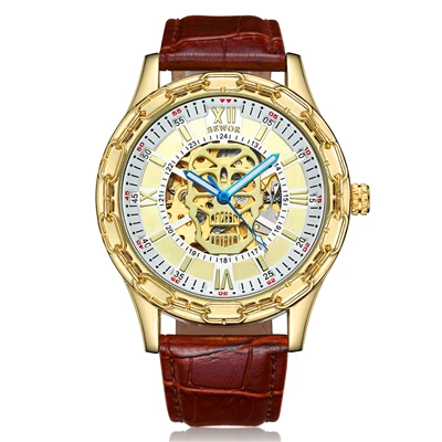 

SEWOR 201707 Casual Luxury Automatic Mechanical Golden Skeleton Steampunk Business Male Watch Leather Strap watches, 8 colors for choice