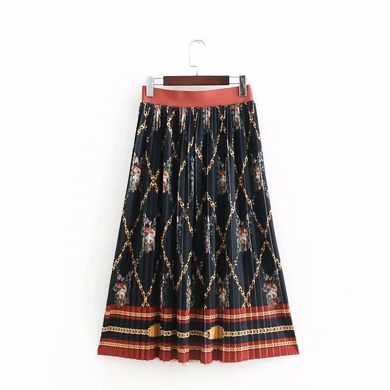 

Multi color floral printed good quality knitted women pleated midi skirts
