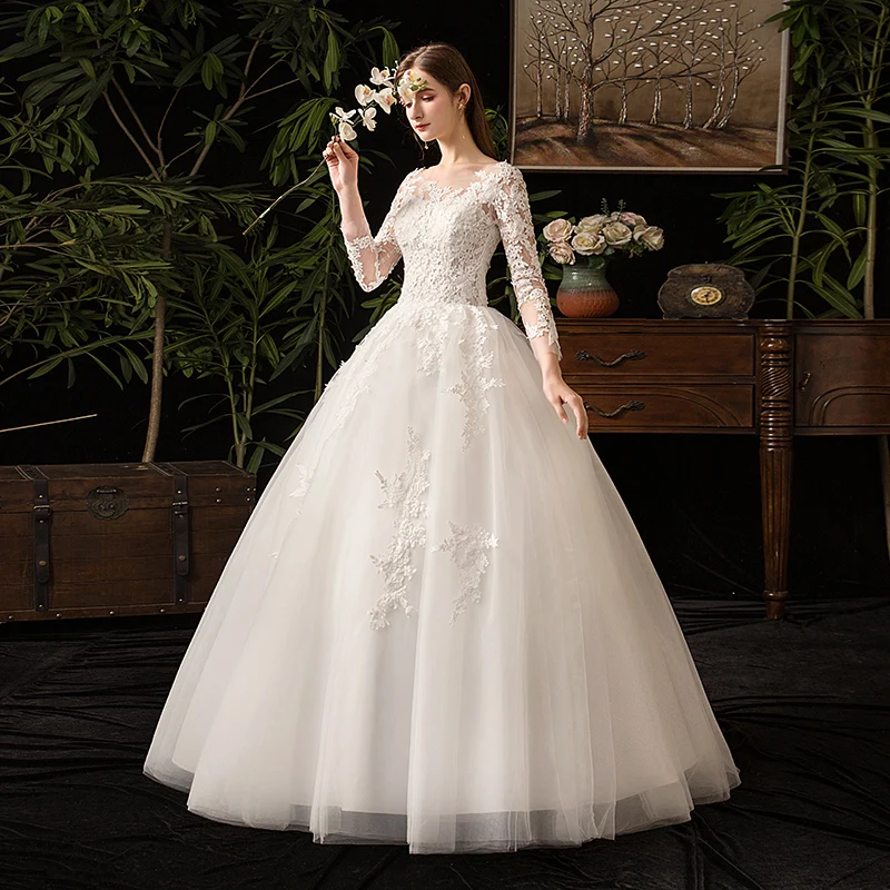 2019 Quality Chinese Wedding Gown Full Sleeve Elegant Lace Flower Floor ...