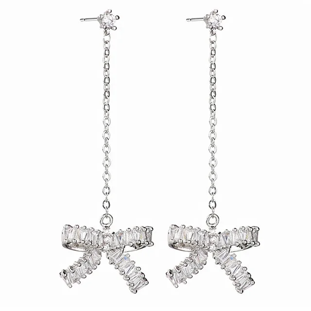 

925 Silver Needle With Zircon Bow-knot Long Tassel Earring, White