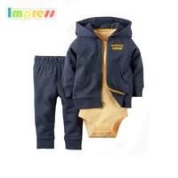 

New design baby boy clothes 3 piece cotton baby hooded cardigan bodysuit set