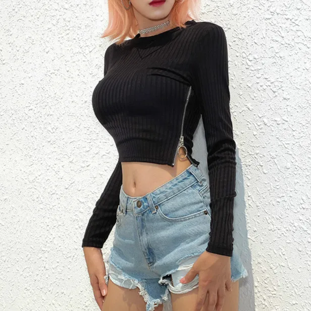 

High Quality Fall Solid Color Ladies Crop Top Zipper Rib Women Tank Top Wholesale, As show