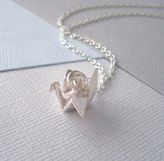 

New Arrival 925 Sterling Silver Origami Crane pendant Necklace for girls gift, White gold