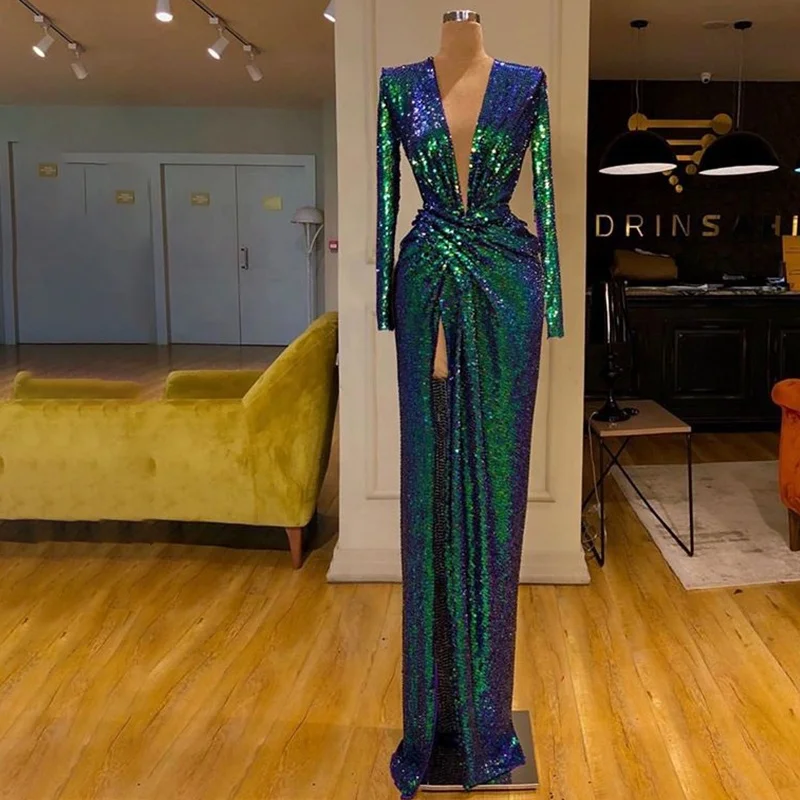 

2020 New Long Sleeve V Neck Mermaid Evening Dress Ladies Fashion Dresses, Custom color