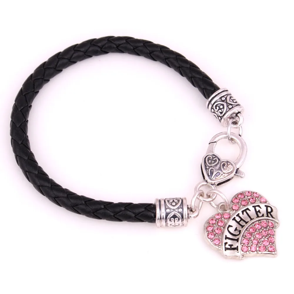 

IMG 8948 Fashion Jewelry crystal lettering FIGHTER heart shape pendant Customize leather bracelet, Fighter bracelet