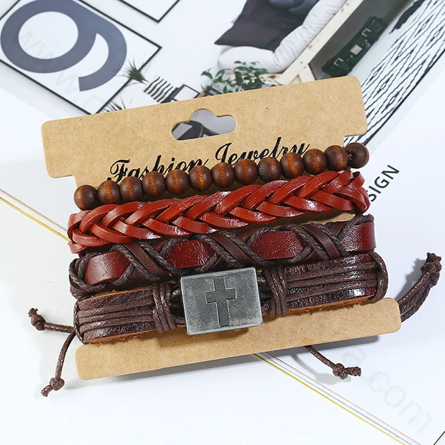 Fashion 4pcs 1 Set Punk Genuine Wrap Leather Bracelets Wrap Plain Leather Bracelets Cuff Jewelry Accessories.jpg