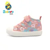 HUANQIU 2019 Newest Fancy Pink Flower Pattern High cut Kids School Canvas Shoes computer stitching