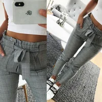 

New Fashion Plaid Print Female Harem Pants lounge pants Bow Belt Pockets skin tight pants