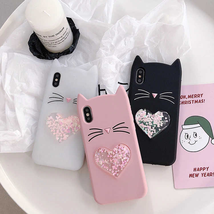 lucky cat silicon mobile phone case cute beard lovely quicksand glitter liquid cellphone case for iPhone