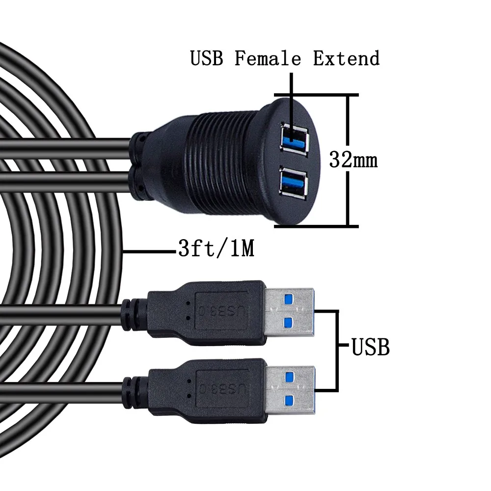 1m Dual Usb Socket Extension Cable Car Van Dashboard Flush Mount 2 Usb